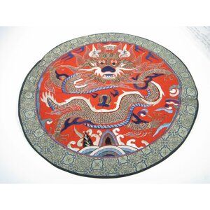 King Fook Embroidered Dragon Panel Red Round Textile Chinese Round Asian 19 in